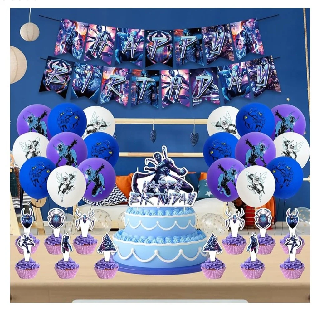 Blue beetle Happy Birthday kit,banner, balloons, cupcake picks. Blue beetle